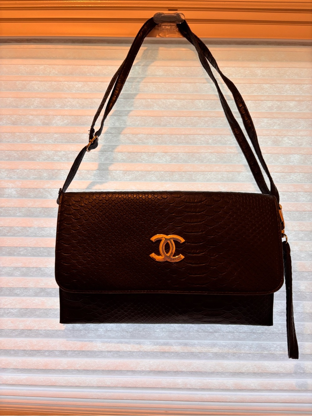 Black Embossed Faux Leather Shoulder Bag with Gold CC Logo